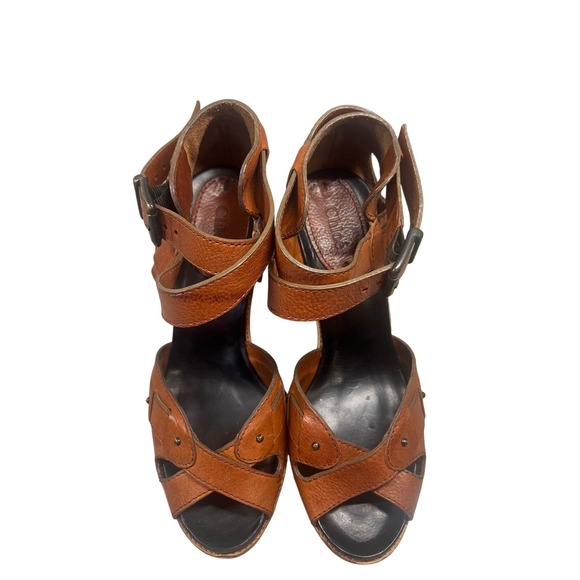 Chloe‎ Leather Heeled Platform Sandals, Ankle Strap Wooden Heels, Size 40 - Picture 2 of 11